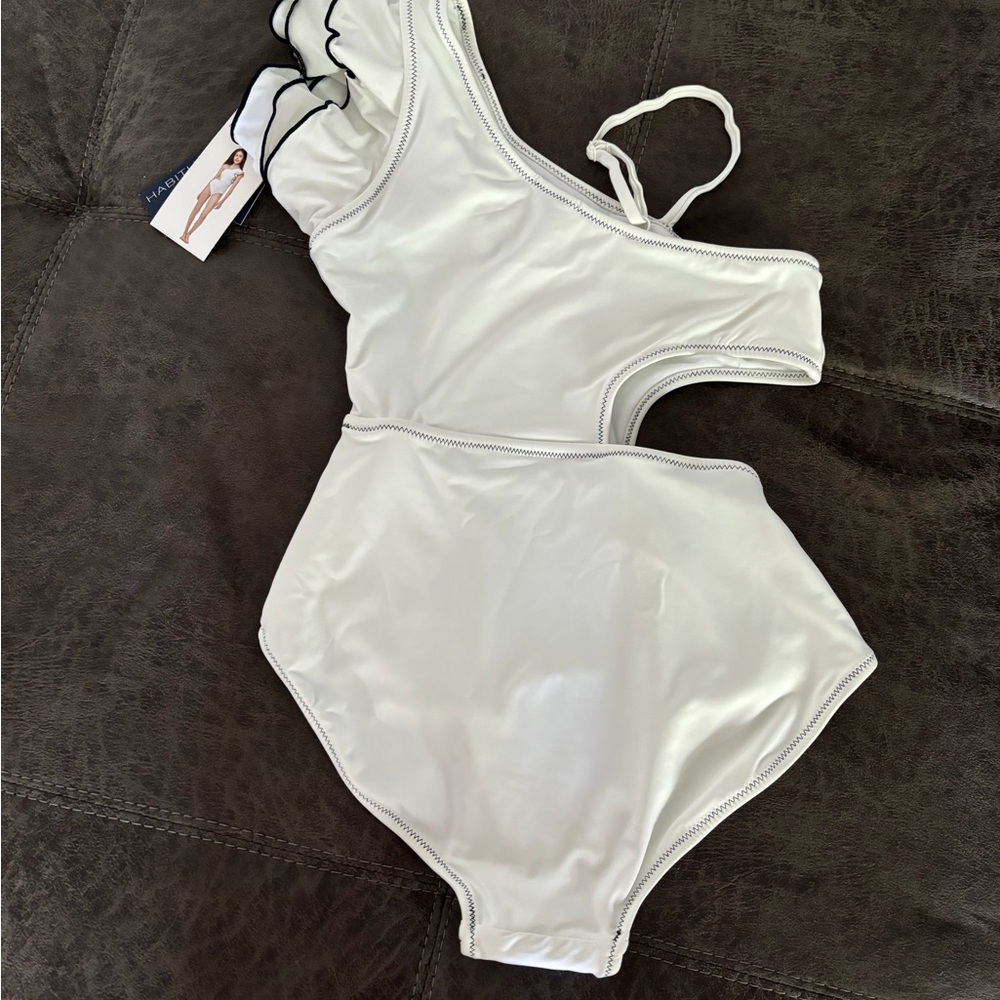 Habitual Girl White W/Black Trim Ruffle Off Shoulder One Piece Swimsuit 16 NWT